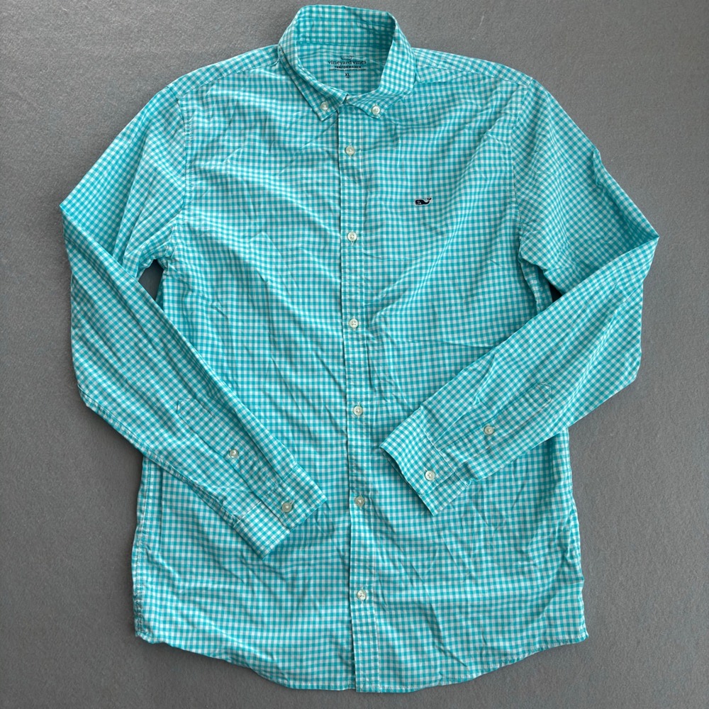 Vineyard Vines Performance Shirt XL Teal White Gingham Check Button Down Mens